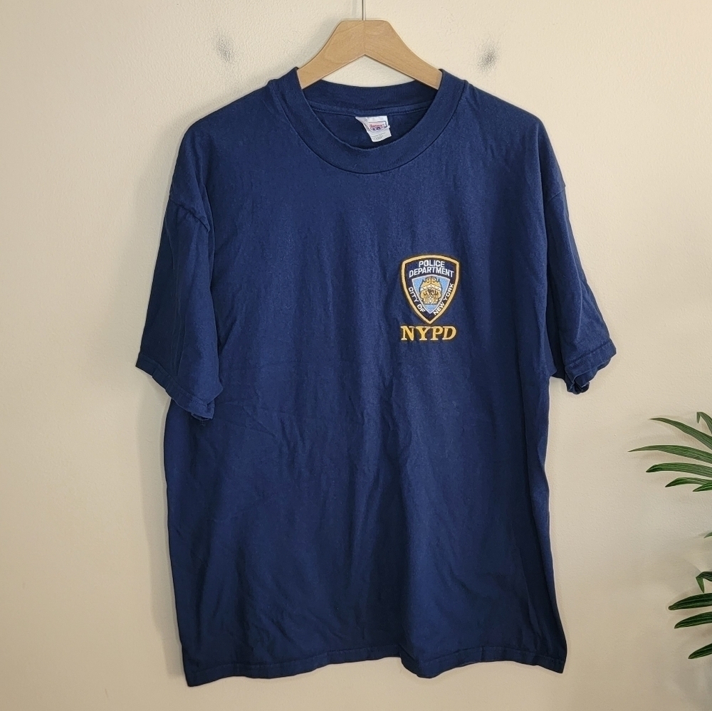 Hanes Beefy T | Navy Blue NYPD Embroidered Logo Short Sleeve Tee